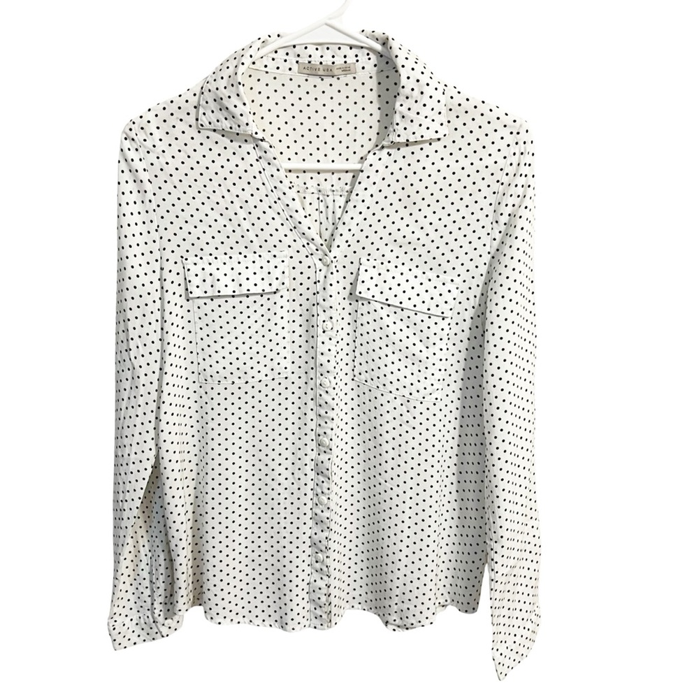 Active USA Woman’s Semi-Sheer White and Black Polka Dot Button Down Blouse